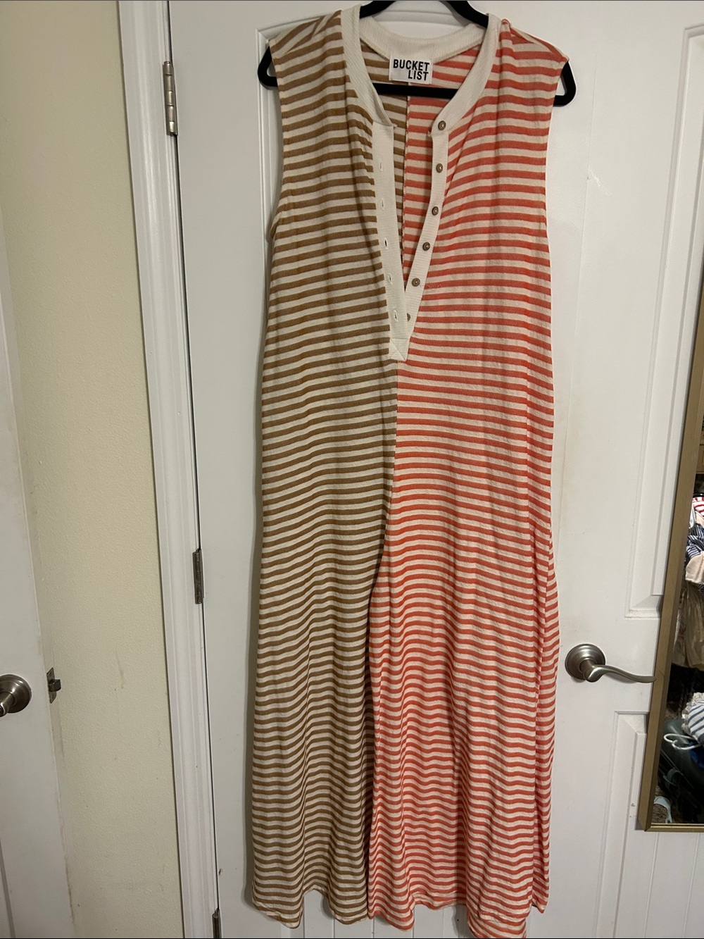 BUCKETLIST Striped Sleeveless Jumpsuit in Tan and Coral